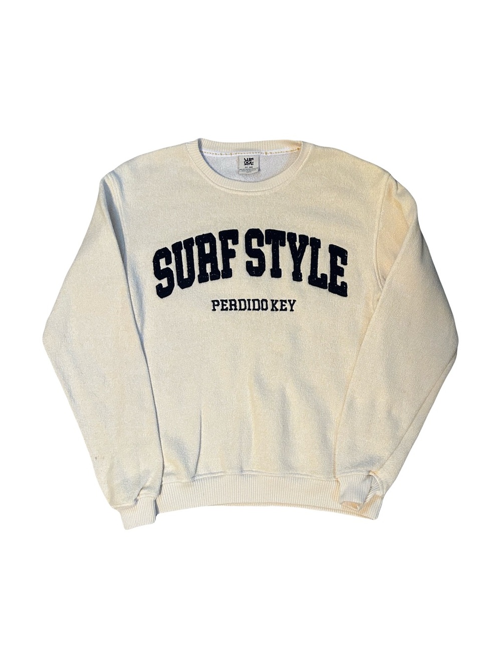 surf style Cream Crewneck Sweatshirt with Navy Lettering